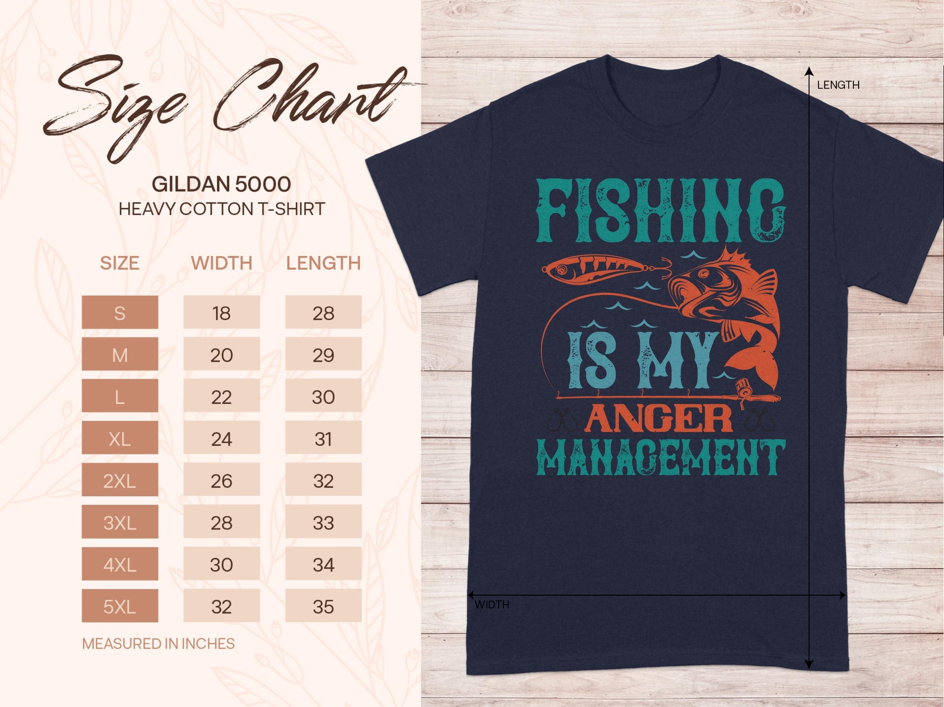 Garment Graphics offers a dark blue fishing T-shirt with Fishing is my anger management and a fish illustration. The size chart, from S to 5XL, includes inch-based Width and Length dimensions, perfect for fishing enthusiasts.