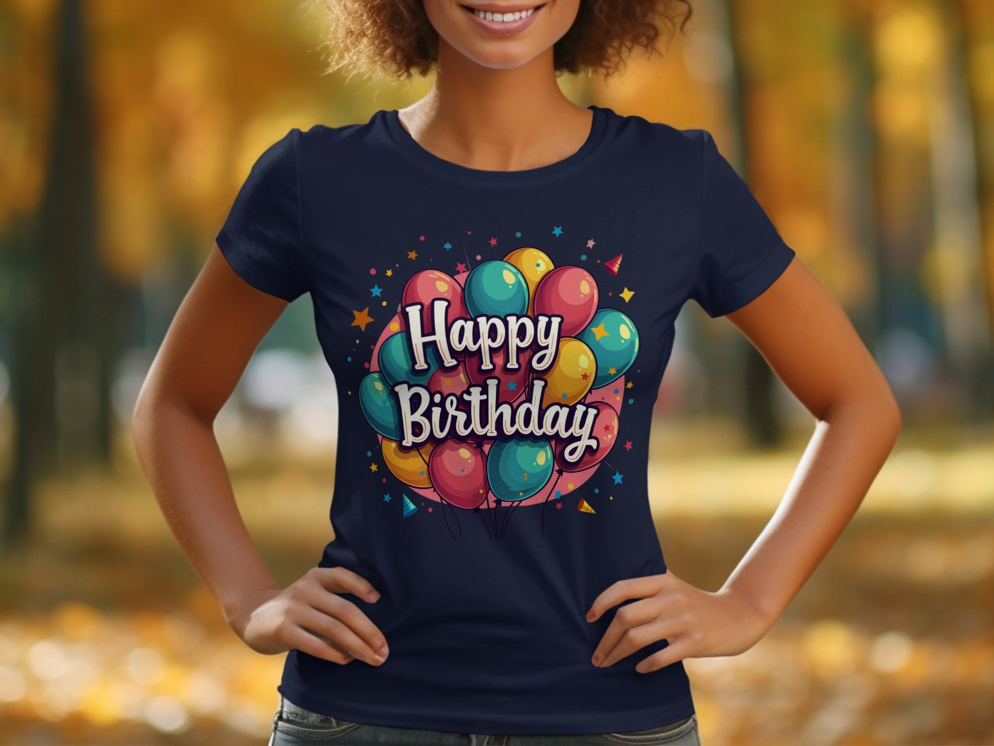 A person stands outside in a vibrant Garment Graphics navy blue T-shirt, featuring colorful balloons and Happy Birthday amidst stars. Made from 100% cotton, it perfectly embodies the birthday celebration theme against a backdrop of blurred autumn trees.
