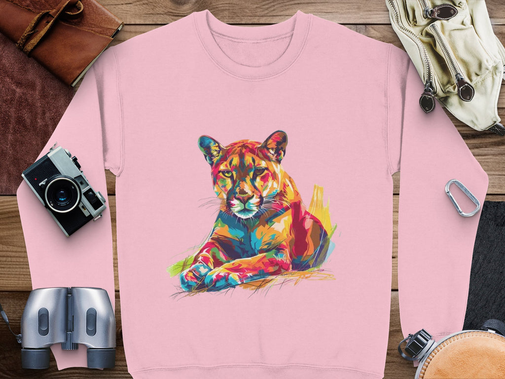 A pink sweatshirt by Garment Graphics, featuring a vibrant big cat design, rests on a wooden surface. It is surrounded by stylish accessories: a vintage camera, binoculars, a belt, a leather pouch, and a canvas bag. This unisex piece blends unique style for everyone to enjoy.