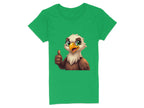 Garment Graphics presents a green cartoon T-shirt with a large-eyed eagle illustration giving a thumbs-up, ideal for animal lovers.