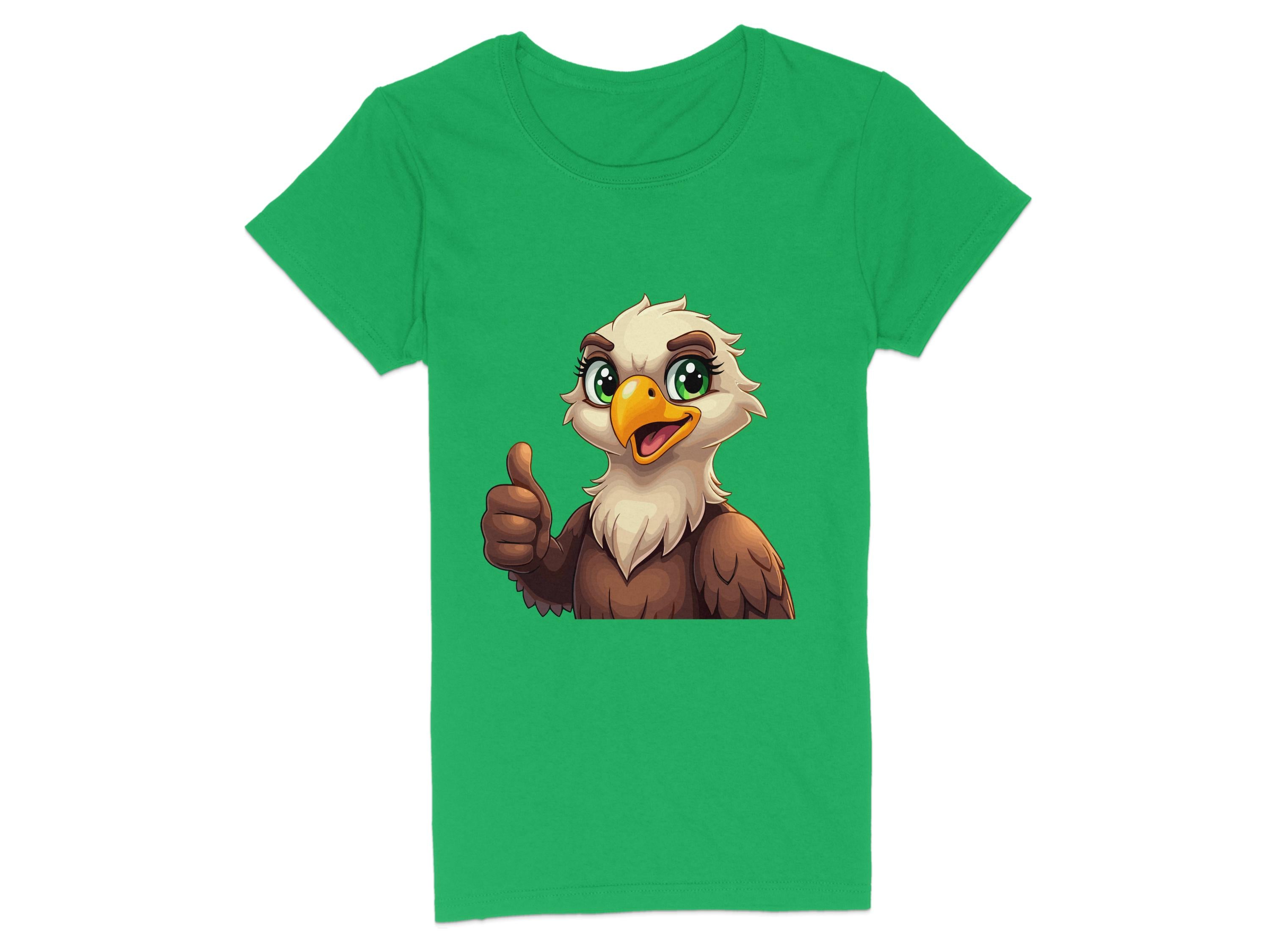 Garment Graphics presents a green cartoon T-shirt with a large-eyed eagle illustration giving a thumbs-up, ideal for animal lovers.