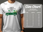 Someone wears a white Garment Graphics T-shirt showing Happy St. Patricks Day with a green pickup truck, symbolizing Irish pride. Beside them is a size chart for Gildan 5000 heavy cotton T-shirts, listing sizes S to 5XL with width and length in inches.
