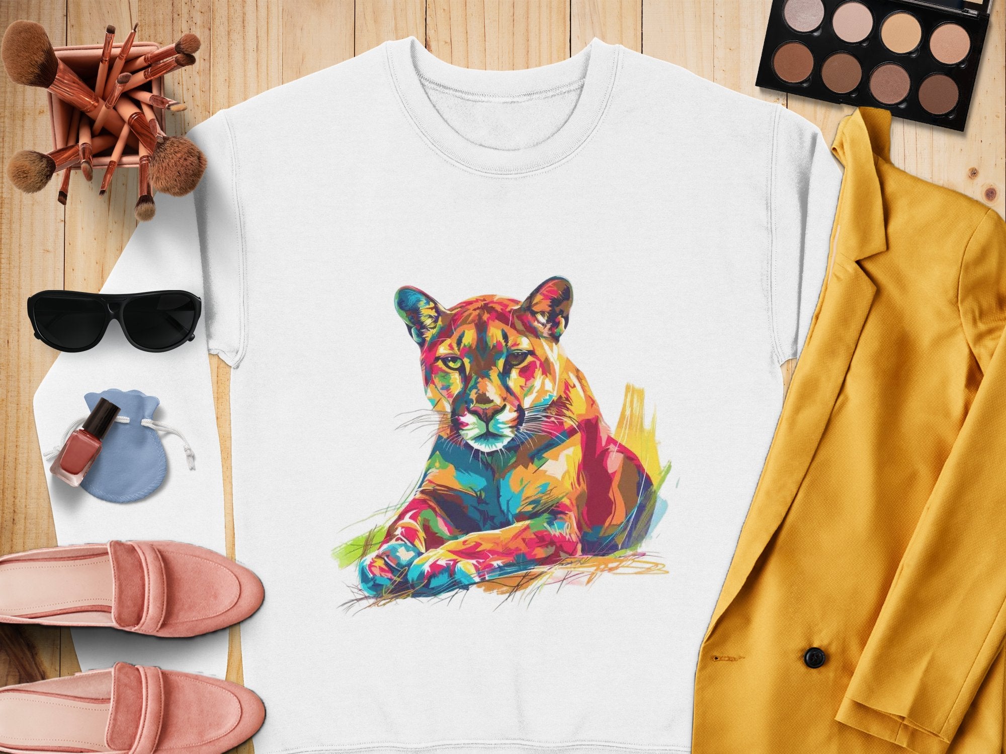 A Garment Graphics white sweatshirt with a vibrant big cat design is displayed on a wooden surface, surrounded by a yellow blazer, pink shoes, sunglasses, makeup brushes, an eyeshadow palette, lipstick, and a blue pouch—ideally highlighting unique style with unisex sizing options.