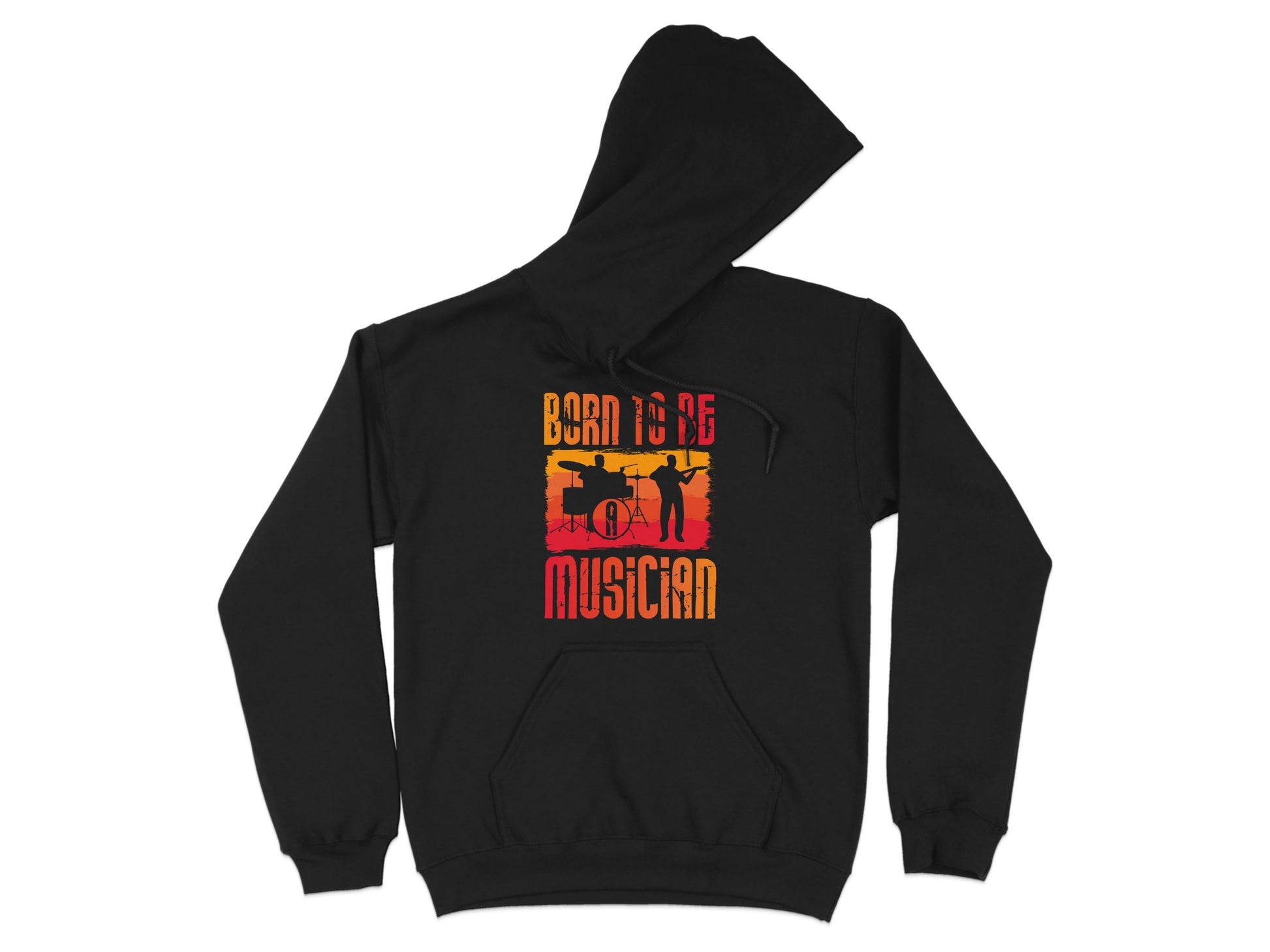 Garment Graphics unisex black hoodie features a vibrant drummer graphic with Born To Be Musician in bold red and orange text on the chest, ideal for music lovers.