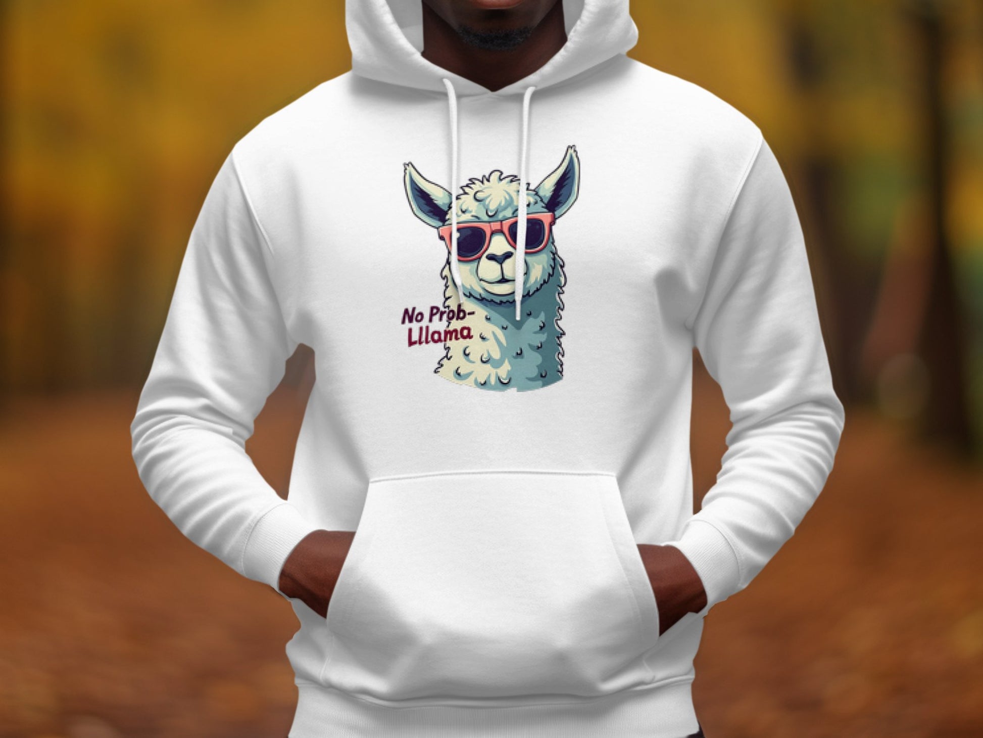 Someone is wearing a Garment Graphics unisex hoodie featuring a vibrant graphic of a llama with sunglasses and the phrase No Prob-Llama, set against a blurred outdoor backdrop in warm orange and brown tones.