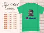A green Scania truck enthusiast T-shirt from Garment Graphics on Gildan 5000 heavy cotton offers sizes S-5XL. A size chart with width and length (in inches) is provided.