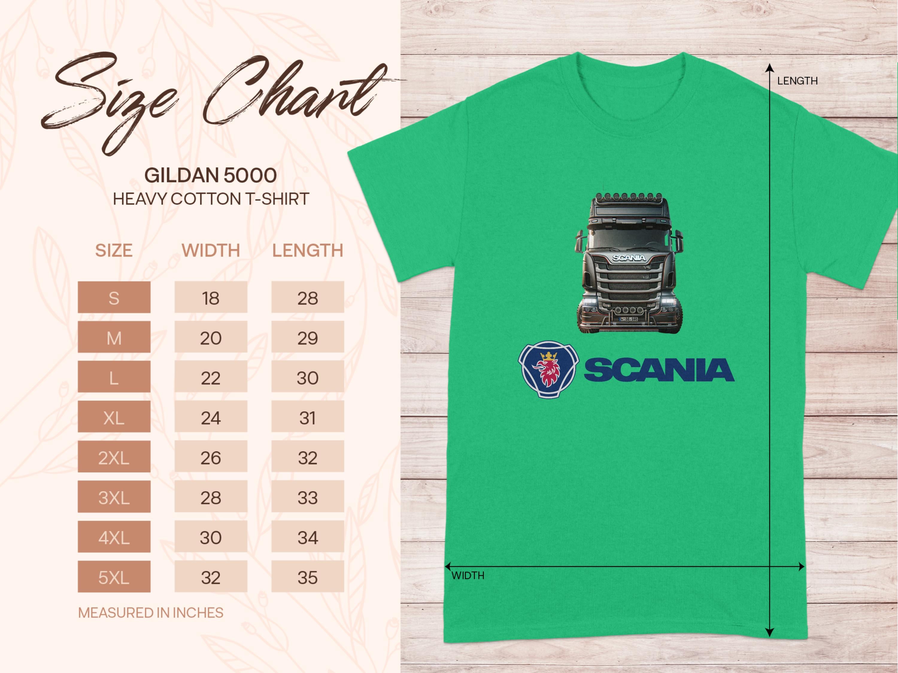 A green Scania truck enthusiast T-shirt from Garment Graphics on Gildan 5000 heavy cotton offers sizes S-5XL. A size chart with width and length (in inches) is provided.