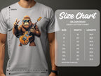 A music enthusiast dons a gray Garment Graphics t-shirt featuring a gorilla playing an electric guitar and giving a peace sign, next to the size chart for the Gildan 5000 heavy cotton tee, specifying dimensions from S to 5XL.