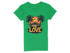 Garment Graphics green t-shirt showcases a Tropical Sunset design with two palm trees framing a mountain sunset. A bird flies above the sun, with One Love boldly layered over the scene—ideal for your next beach outing.