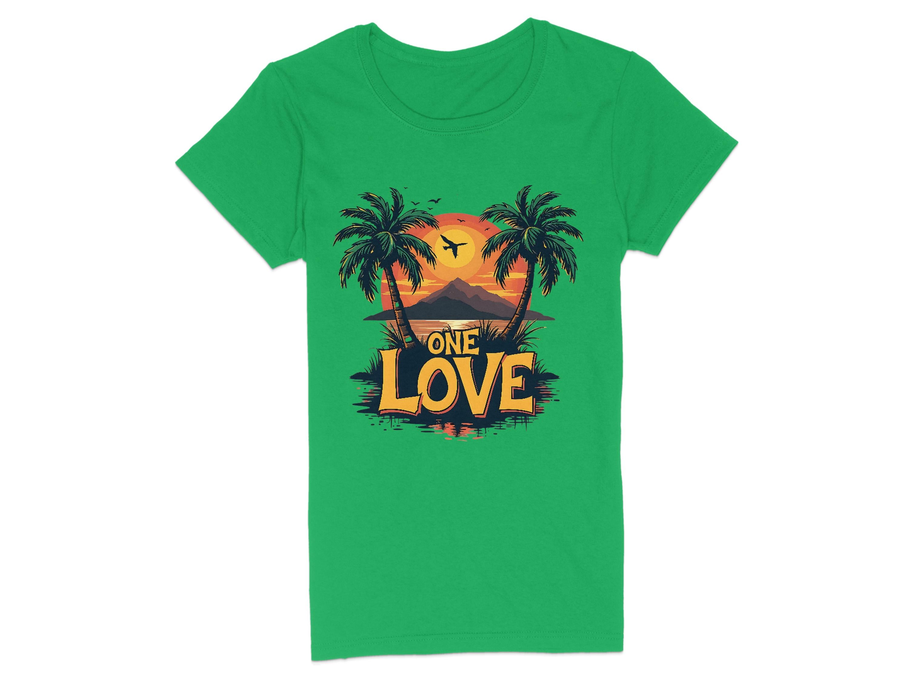 Garment Graphics green t-shirt showcases a Tropical Sunset design with two palm trees framing a mountain sunset. A bird flies above the sun, with One Love boldly layered over the scene—ideal for your next beach outing.