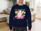 A person wears a navy loose-fit sweatshirt by Garment Graphics, featuring a design of a figure among flowers and text that reads HANDS OFF! and wild girl in pink and green. Perfect for those embracing their wild side with style.