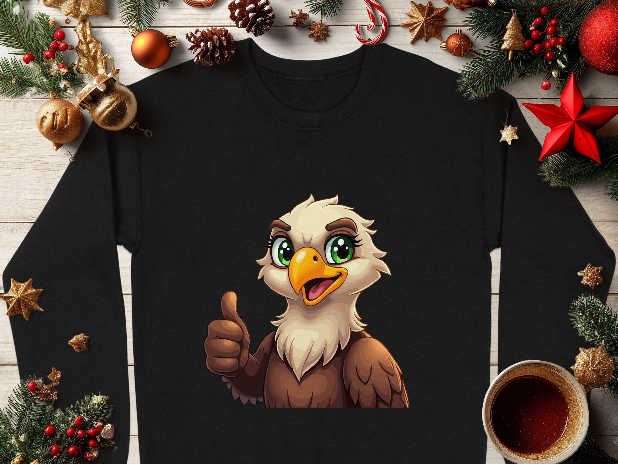 A black shirt from Garment Graphics with a cartoon eagle giving a thumbs-up is laid on wood, surrounded by Christmas decorations like pine branches, pinecones, ornaments, and a cup of dark liquid. The shirt is available in unisex sizes.