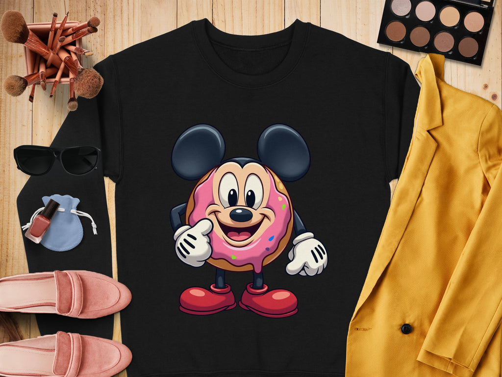 Garment Graphics black unisex sweatshirt features a whimsical donut character with mouse ears, surrounded by makeup brushes, an eyeshadow palette, sunglasses, blush, lipstick, pink loafers, and a yellow blazer on a wooden surface.