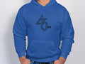 Sporting Garment Graphics blue retro music hoodie, featuring a black 45 RPM logo on the chest, a person enjoys the cozy front pocket. Ideal for vinyl enthusiasts, its stylishly paired with classic blue jeans.