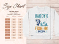 On the left is a size chart for Garment Graphics crewneck sweatshirts, available from S to 5XL. On the right, outdoor enthusiasts will love a white sweatshirt with Daddys Fishing Buddy and a charming fish and boat design.