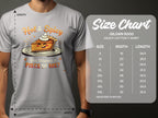 Someone wears a white Garment Graphics T-shirt with the Hot & Spicy Pie Design and the text You Wanna a Piece of Me? Next to them is a sizing chart for Gildan 5000 heavy cotton T-shirts, detailing measurements from S to 5XL.