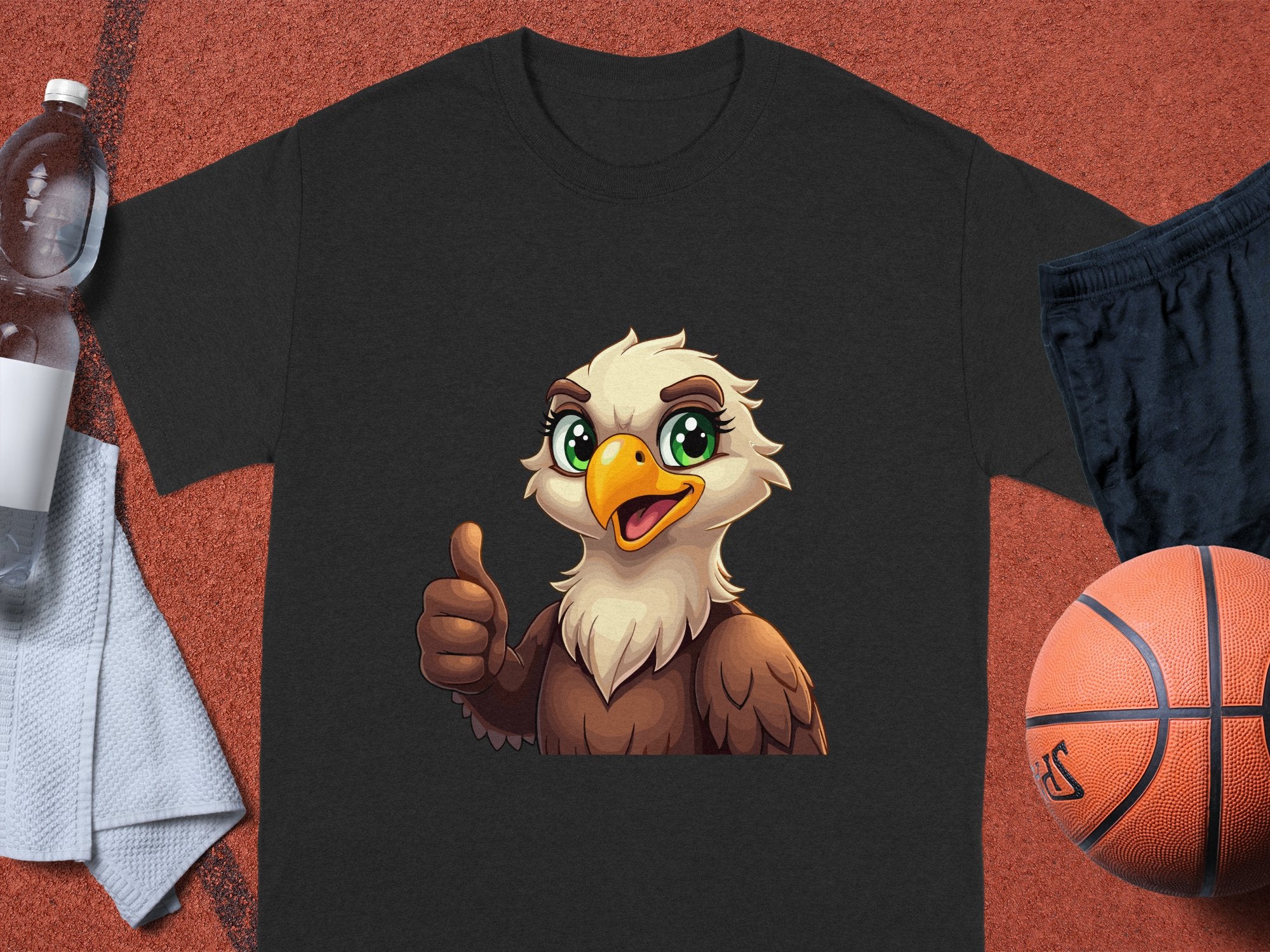 A black classic-fit Garment Graphics Eagle T-shirt with a cartoon eagle thumbs-up design lies on a textured surface, paired with casual essentials like a water bottle, towel, black shorts, and basketball for a relaxed vibe.
