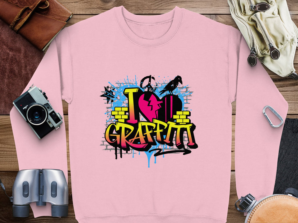 A pink, urban-style sweatshirt from Garment Graphics features a graffiti design with I Love Graffiti and a heart on a brick wall. Essentials like a camera, backpack, binoculars, brown leather bag, glasses, and notebook complete the look.