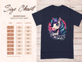 A size chart for the Garment Graphics I Love My Pony black T-shirt is shown alongside a colorful cartoon pony design, listing measurements from sizes S to 5XL in width and length.