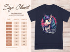 A size chart for the Garment Graphics I Love My Pony black T-shirt is shown alongside a colorful cartoon pony design, listing measurements from sizes S to 5XL in width and length.