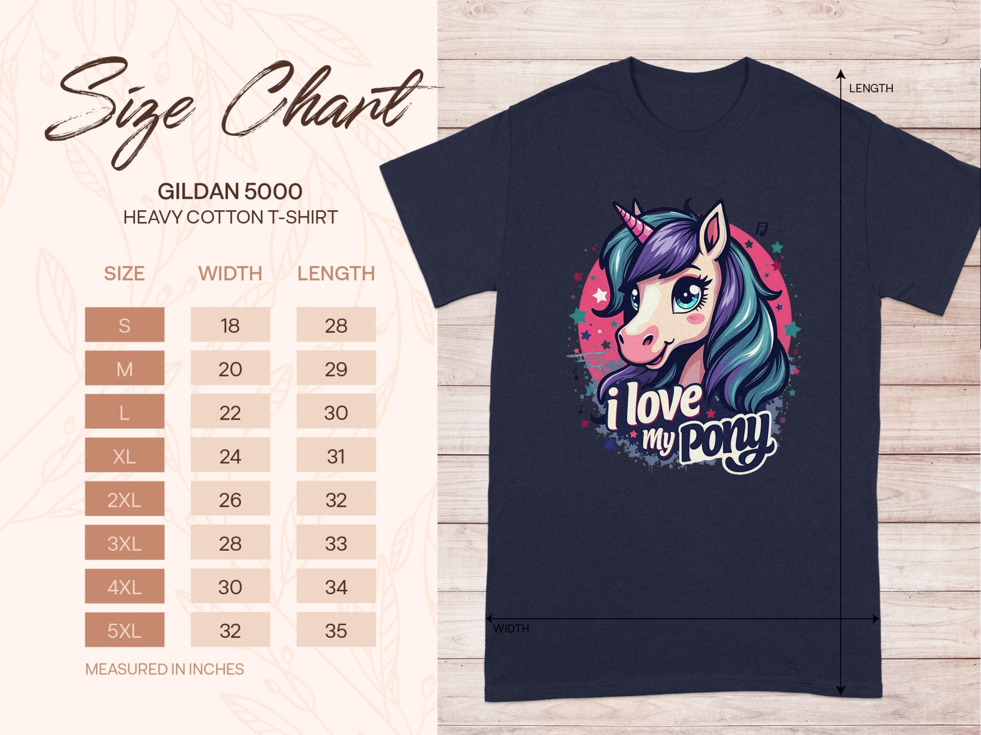 A size chart for the Garment Graphics I Love My Pony black T-shirt is shown alongside a colorful cartoon pony design, listing measurements from sizes S to 5XL in width and length.
