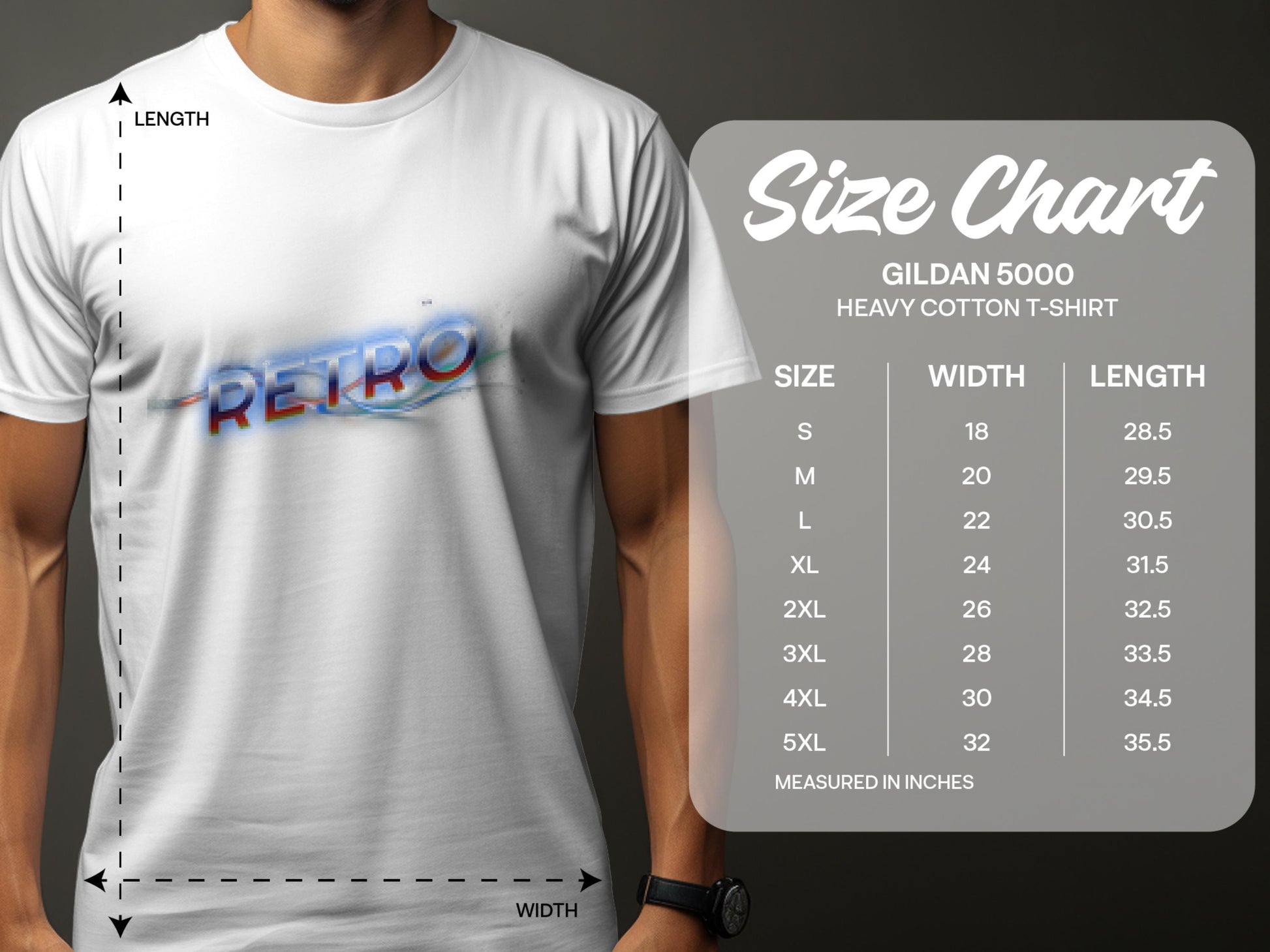 A person in a white Garment Graphics t-shirt featuring RETRO in blue and red letters exudes vintage charm. To the right, a Gildan 5000 heavy cotton size chart displays sizes S to 5XL with width and length measurements in inches, known for their classic fit.