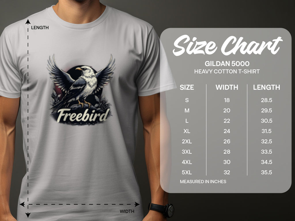 A man wears a bold graphic Freebird eagle T-shirt from Garment Graphics, crafted from 100% cotton. To the right, a Gildan 5000 size chart displays measurements ranging from S to 5XL.
