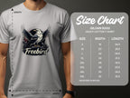 A man wears a bold graphic Freebird eagle T-shirt from Garment Graphics, crafted from 100% cotton. To the right, a Gildan 5000 size chart displays measurements ranging from S to 5XL.