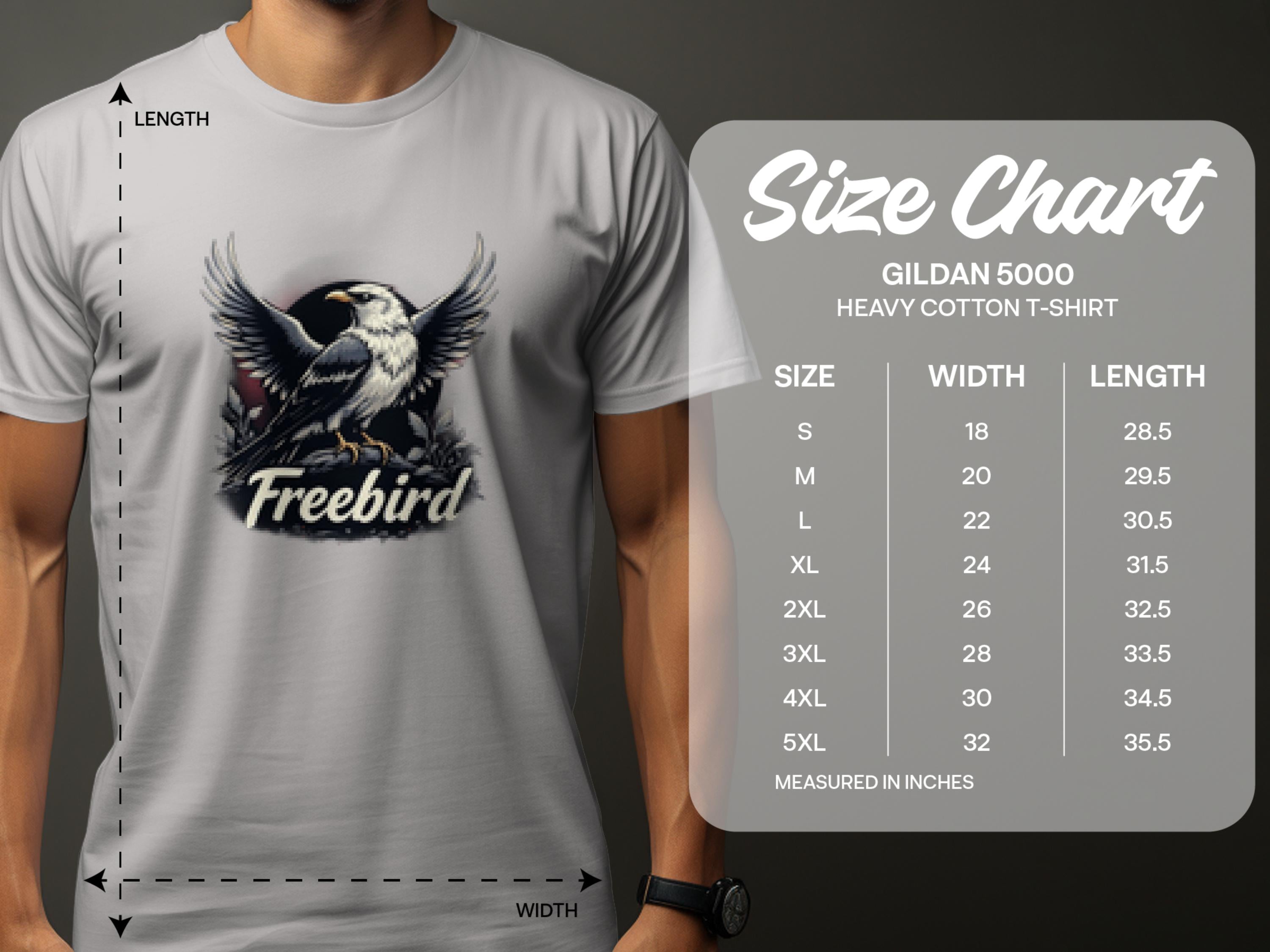 A man wears a bold graphic Freebird eagle T-shirt from Garment Graphics, crafted from 100% cotton. To the right, a Gildan 5000 size chart displays measurements ranging from S to 5XL.