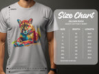 A man wears a light gray Garment Graphics T-shirt featuring a colorful roaring cougar design. Next to him is the size chart for the Gildan 5000 heavy cotton T-shirt, listing sizes S to 5XL with corresponding width and length measurements in inches.