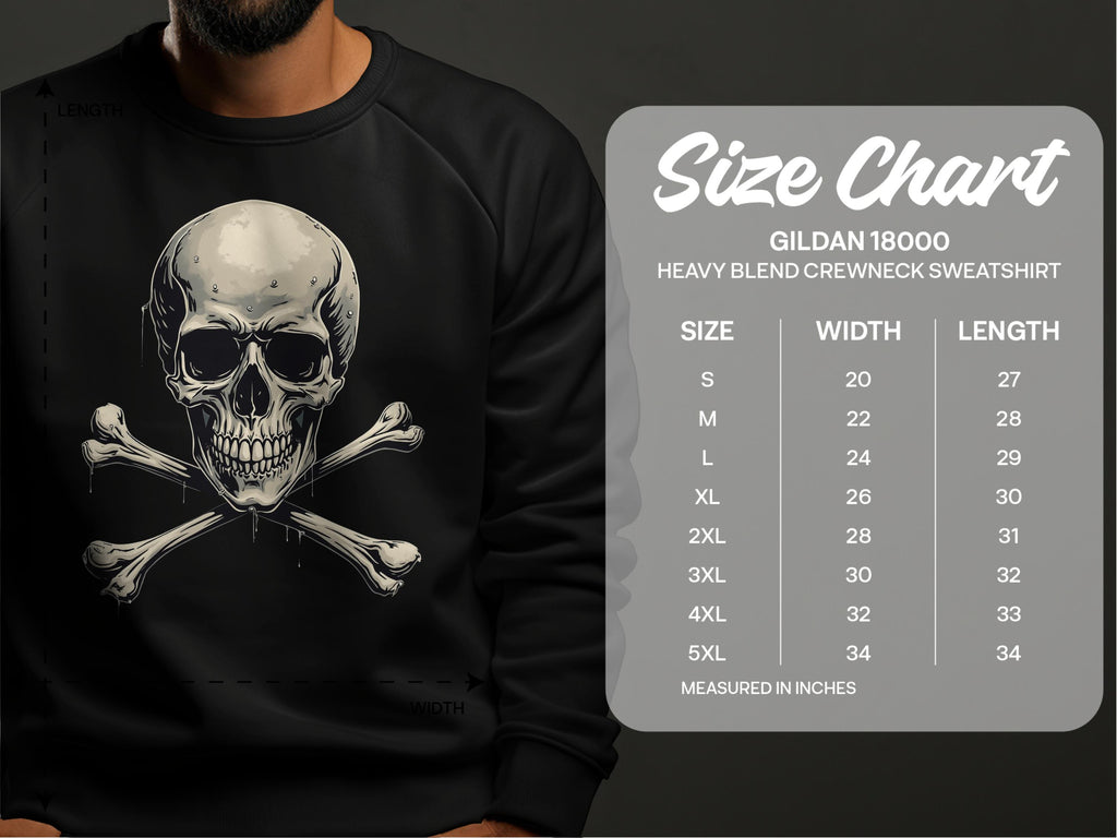 A person sports a bold and edgy sweatshirt by Garment Graphics featuring a striking skull and crossbones design. Next to them is the Gildan 18000 heavy blend crewneck size chart, detailing sizes S to 5XL with corresponding width and length in inches.