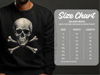 A person sports a bold and edgy sweatshirt by Garment Graphics featuring a striking skull and crossbones design. Next to them is the Gildan 18000 heavy blend crewneck size chart, detailing sizes S to 5XL with corresponding width and length in inches.