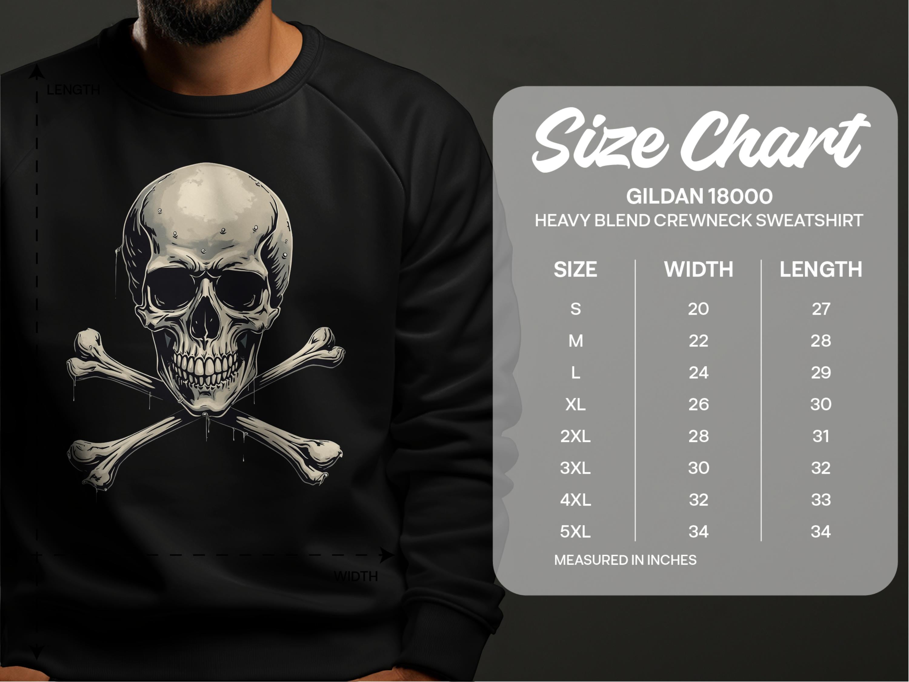A person sports a bold and edgy sweatshirt by Garment Graphics featuring a striking skull and crossbones design. Next to them is the Gildan 18000 heavy blend crewneck size chart, detailing sizes S to 5XL with corresponding width and length in inches.