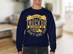 A person wearing a funny navy blue sweatshirt by Garment Graphics with gold text, If hes got golf clubs in his truck or a camper in his driveway, I dont hire him, along with decorative banners and a small truck and camper image—ideal for casual wear.