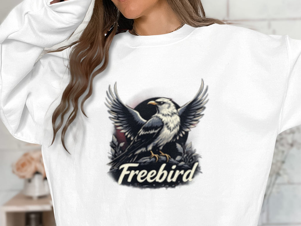 Wearing a Garment Graphics Freebird Graphic Sweatshirt in white, featuring an eagle with outstretched wings and Freebird prominently displayed. The unisex sizing enhances its versatility, while the individuals face is obscured in the image.