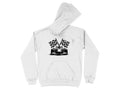 The Garment Graphics hoodie features a sleek white design with a race car graphic and racing checkered flags, making it ideal for motorsport enthusiasts.