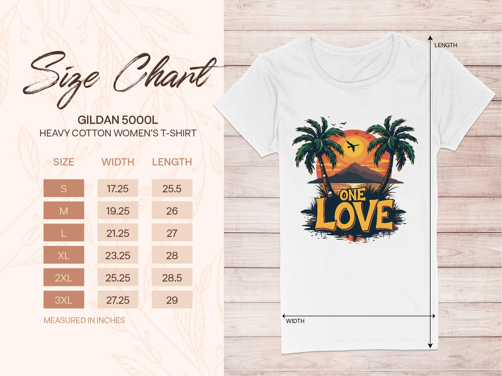 The Garment Graphics size chart for the womens heavy cotton t-shirt is shown alongside a white tee with palm trees, a Tropical Sunset, and One Love. Ideal for the beach, this chart provides measurements in inches from S to 3XL.