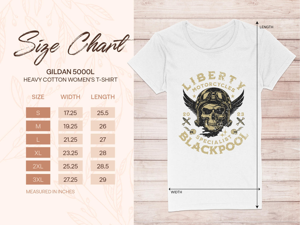 Womens Garment Graphics T-shirt showcasing a Liberty Motorcycles Blackpool skull and wings design. Refer to the size chart for the Gildan 5000L heavy cotton, providing detailed measurements from S to 3XL on the left.