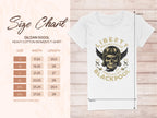 Womens Garment Graphics T-shirt showcasing a Liberty Motorcycles Blackpool skull and wings design. Refer to the size chart for the Gildan 5000L heavy cotton, providing detailed measurements from S to 3XL on the left.