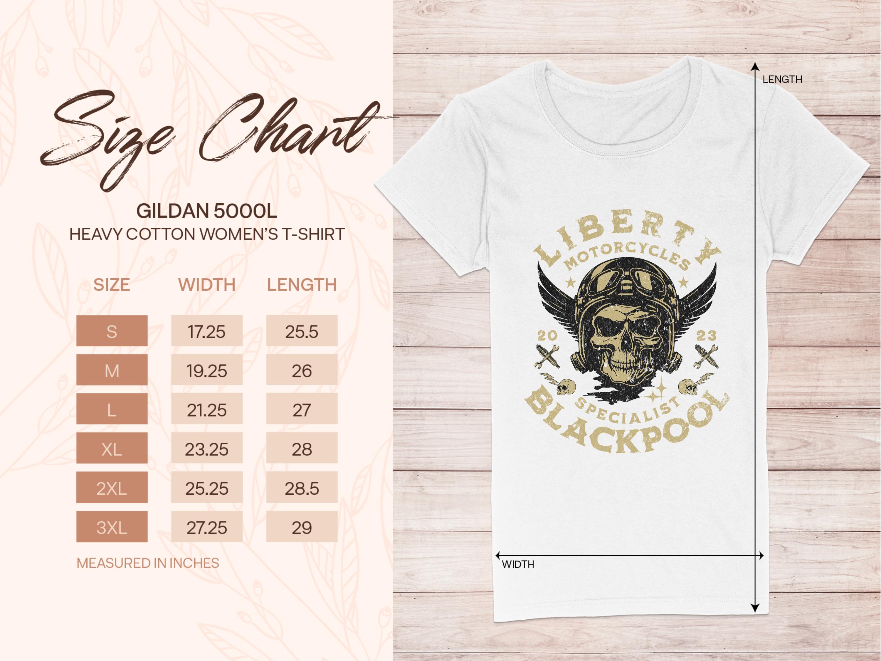 Womens Garment Graphics T-shirt showcasing a Liberty Motorcycles Blackpool skull and wings design. Refer to the size chart for the Gildan 5000L heavy cotton, providing detailed measurements from S to 3XL on the left.