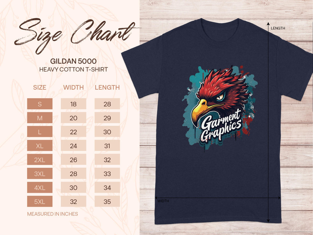 Next to a navy Gildan 5000 heavy cotton T-shirt with an eagle design and Garment Graphics text, a size chart displays width and length in inches for sizes small to 5XL in the classic fit.