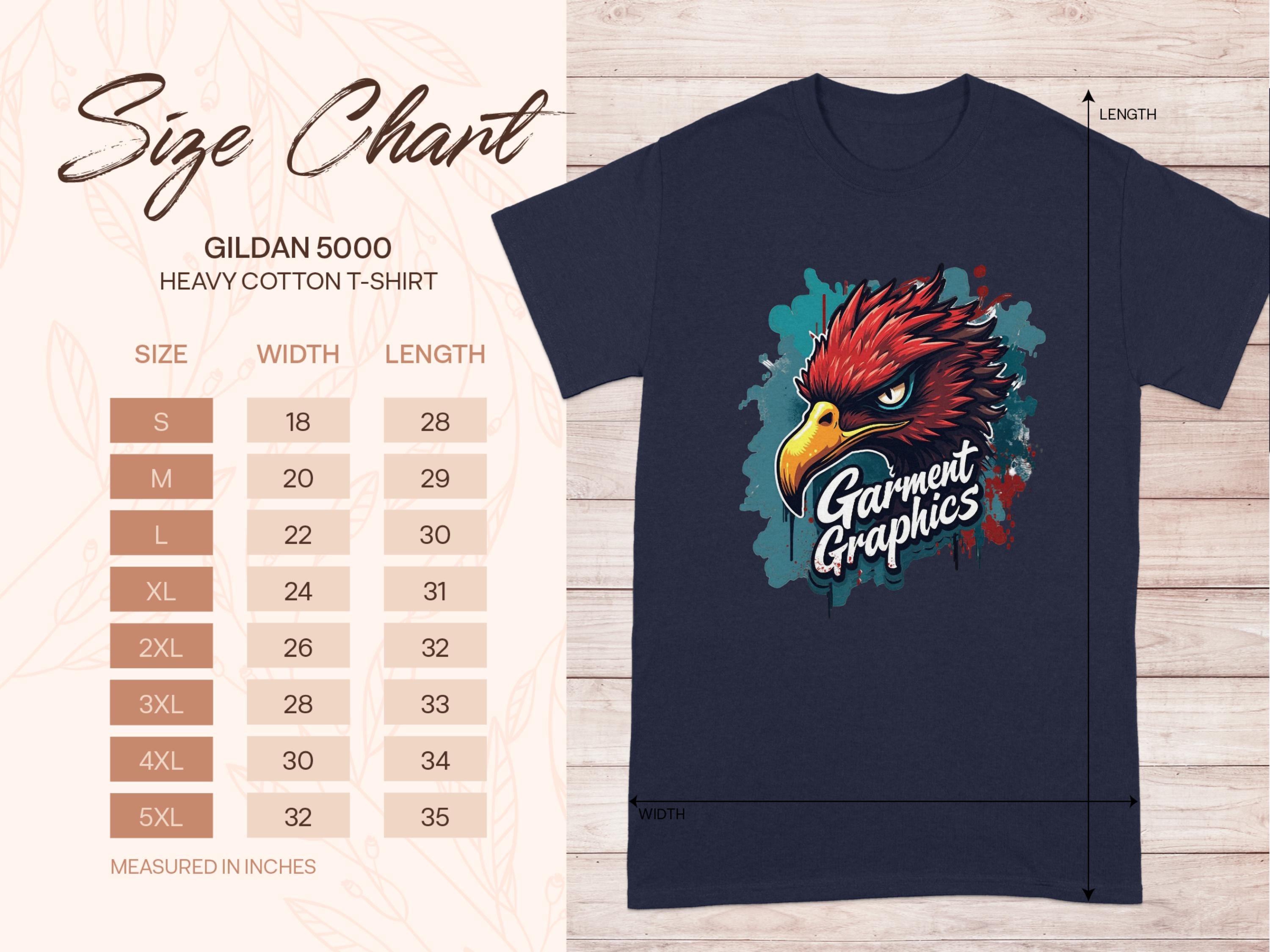 Next to a navy Gildan 5000 heavy cotton T-shirt with an eagle design and Garment Graphics text, a size chart displays width and length in inches for sizes small to 5XL in the classic fit.