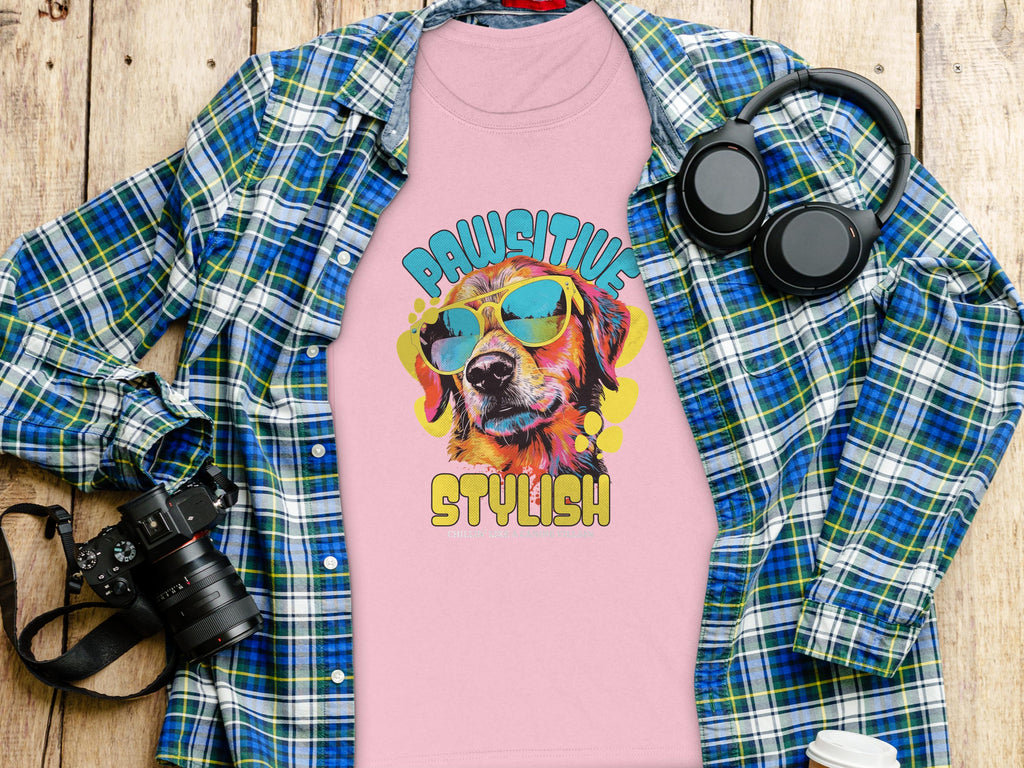 Garment Graphics pink t-shirt showcases a vibrant dog-in-sunglasses graphic and Pawsitive Stylish text. Perfect for dog lovers, its displayed on wood with a blue plaid shirt, headphones, camera, and coffee cup. Womens sizing.