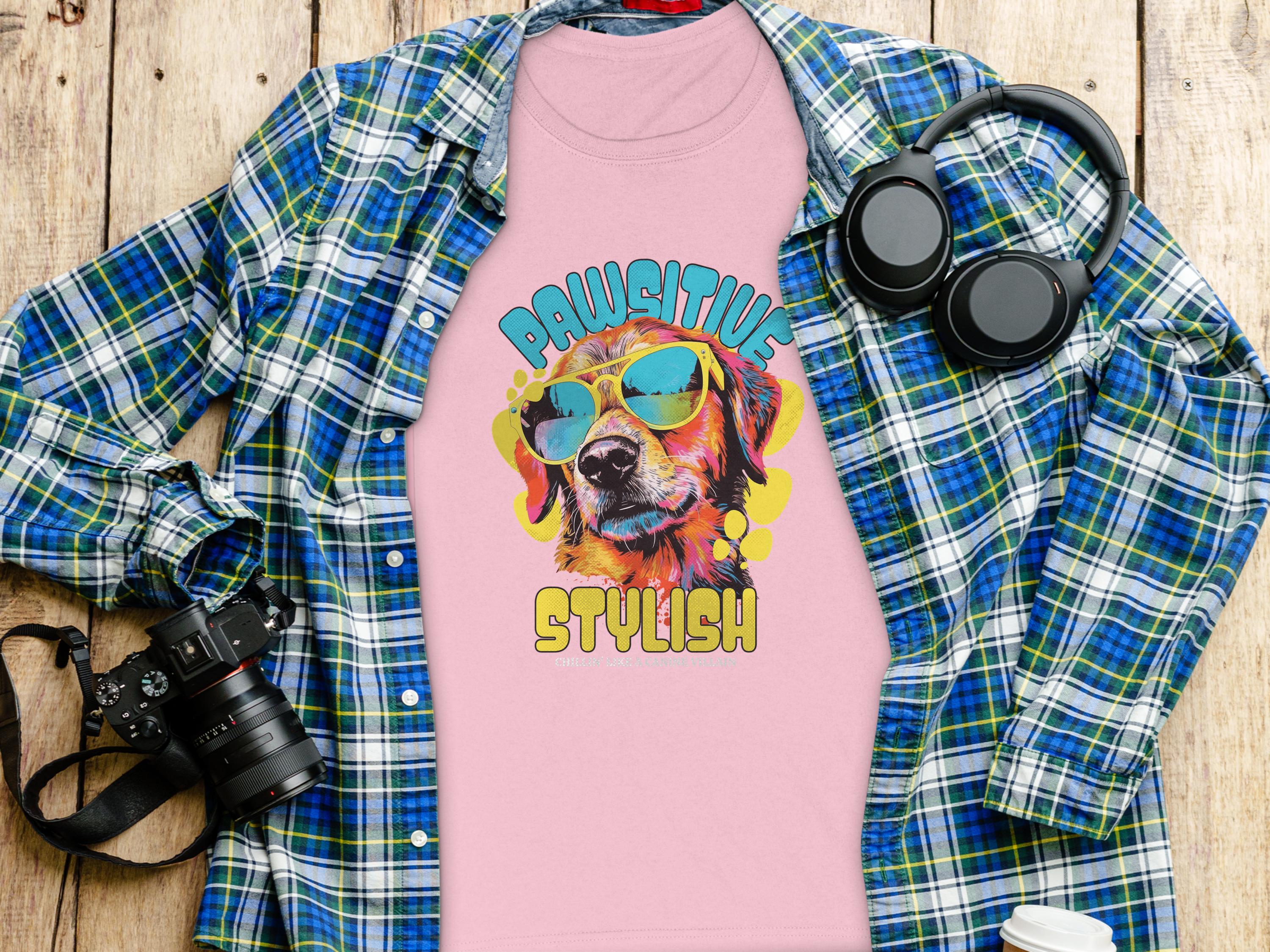 Garment Graphics pink t-shirt showcases a vibrant dog-in-sunglasses graphic and Pawsitive Stylish text. Perfect for dog lovers, its displayed on wood with a blue plaid shirt, headphones, camera, and coffee cup. Womens sizing.
