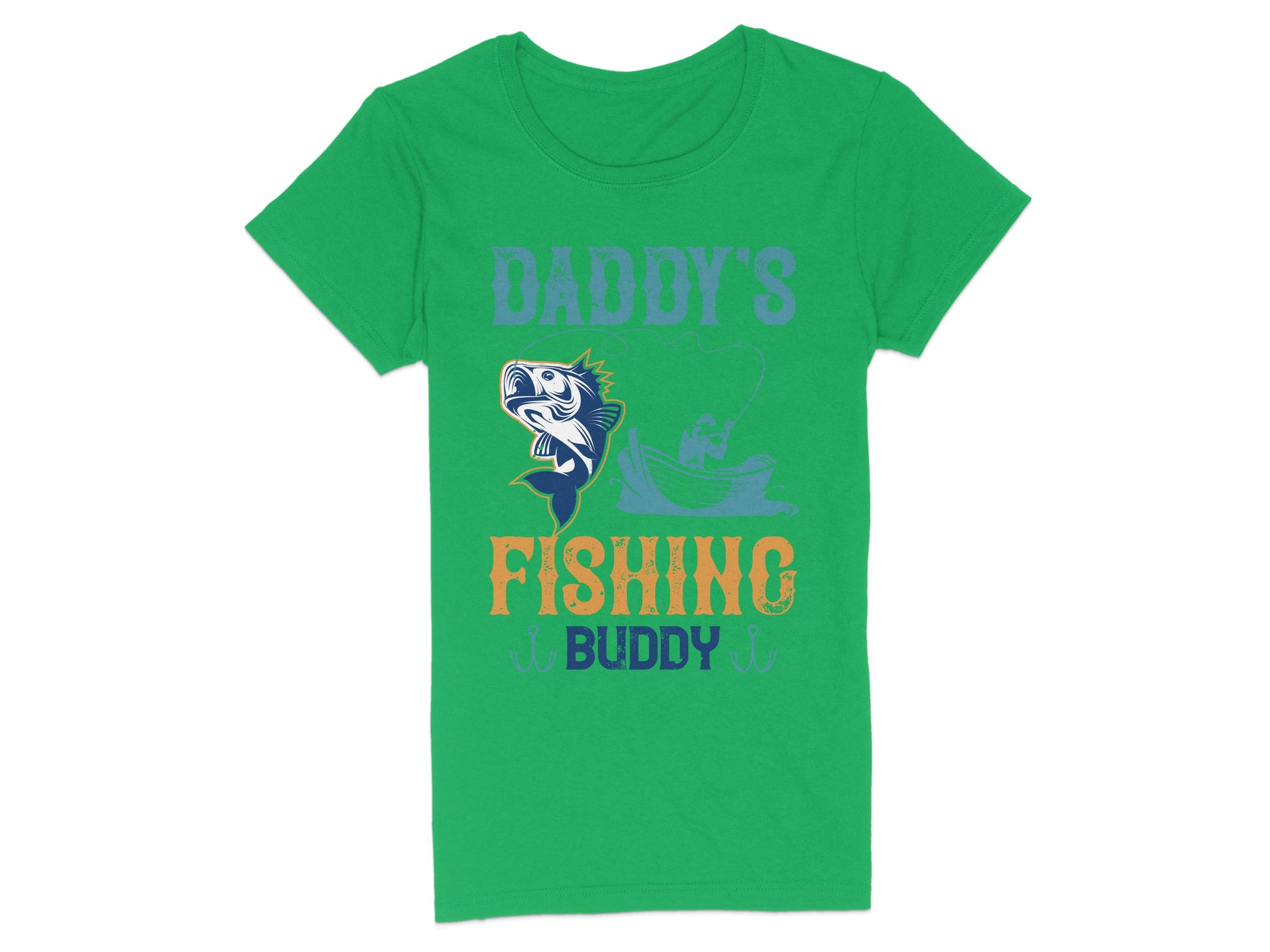 Garment Graphics presents a green T-shirt with Daddys Fishing Buddy text, featuring vibrant colors. Perfect for women, it showcases a cartoon fish and a silhouette fishing from a boat.