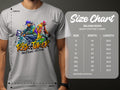 A person wears a Garment Graphics white t-shirt featuring two dancers celebrating street dance with Risk Taker 10th Final. The Gildan 5000 size chart beside them details sizes S to 5XL, showing width and length in inches.