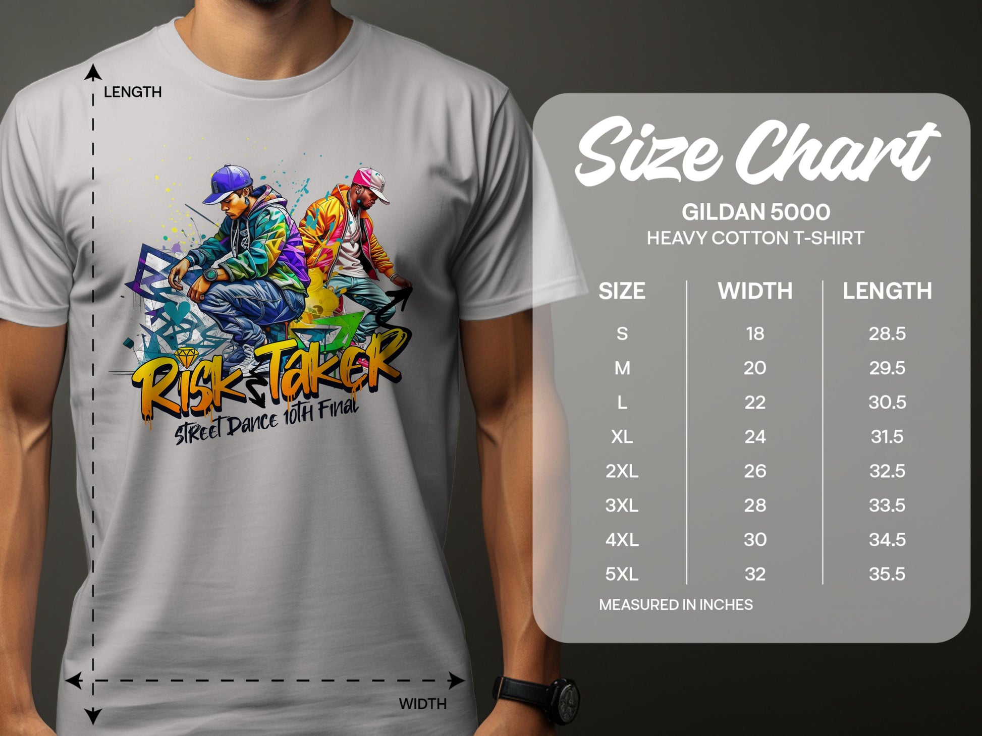 A person wears a Garment Graphics white t-shirt featuring two dancers celebrating street dance with Risk Taker 10th Final. The Gildan 5000 size chart beside them details sizes S to 5XL, showing width and length in inches.