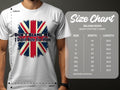 A person wears a white Garment Graphics T-shirt displaying a distressed Union Jack and the phrase Dont Blame Me, I Didnt Vote For Him, set against a Gildan 5000 heavy cotton size chart for classic fits from S to 5XL.