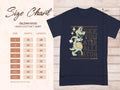 The Garment Graphics Gildan 5000 heavy cotton T-shirt, ideal for casual wear, offers a size chart from S to 5XL with detailed width and length. A navy shirt depicts a cartoon alligator holding a ball next to See You Later Alligator.