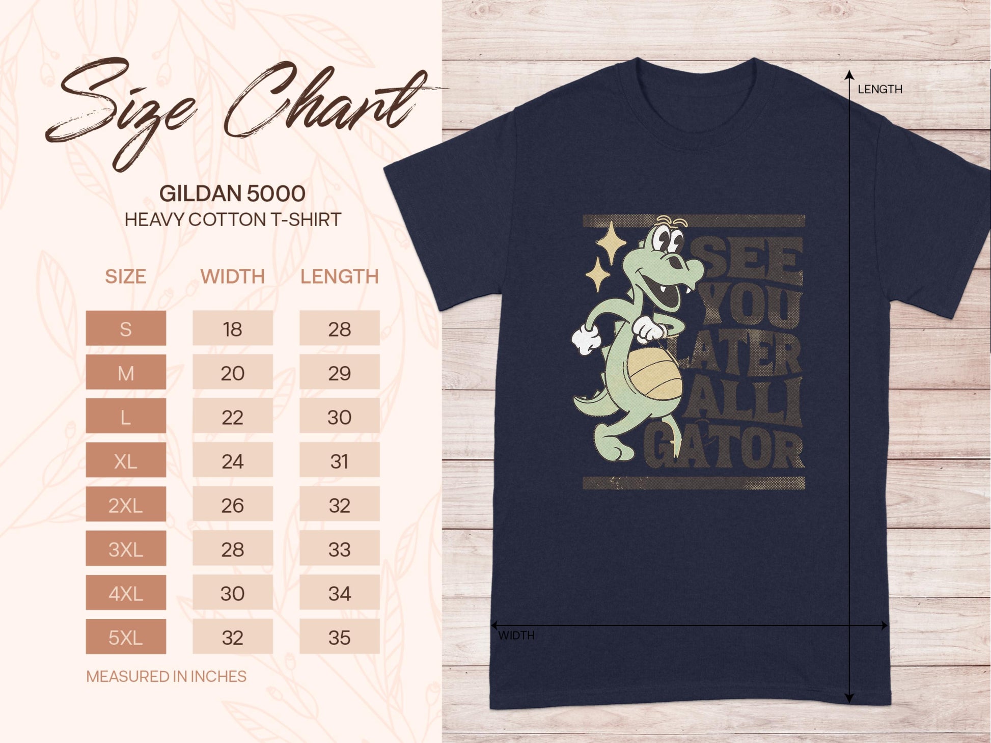 The Garment Graphics Gildan 5000 heavy cotton T-shirt, ideal for casual wear, offers a size chart from S to 5XL with detailed width and length. A navy shirt depicts a cartoon alligator holding a ball next to See You Later Alligator.